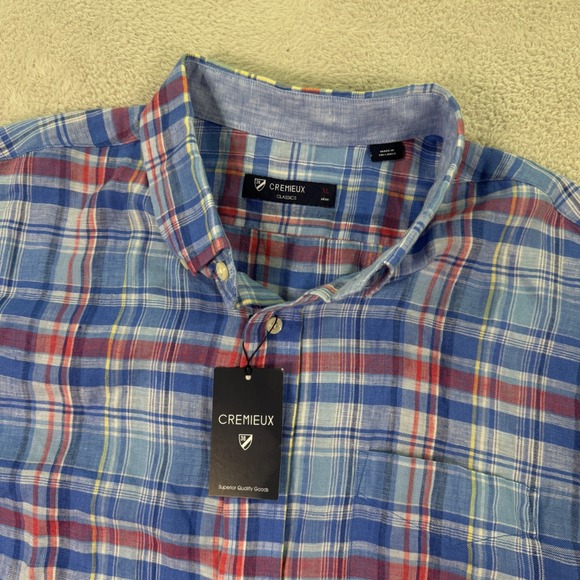 NWT Cremieux‎ Classics Linen Shirt Short Sleeve Plaid Button Up Casual Mens XL - Picture 1 of 7